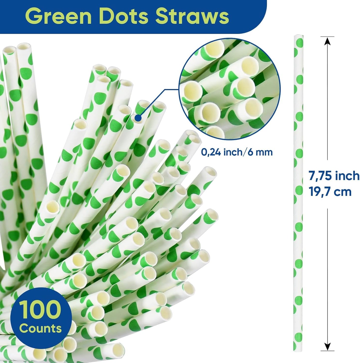 Disposable Green Polka Dots Paper Straws for Drinking 7.75 inch, 100 Counts - Cocktail, Party, Birthday, Decoration, DIY Crafts