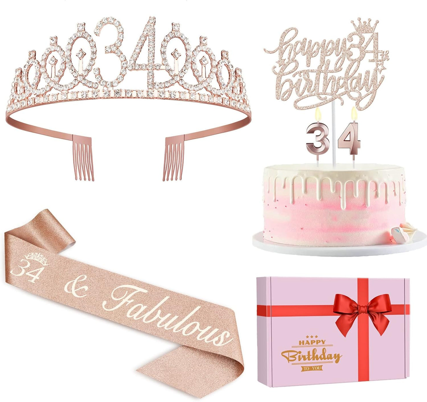 34th Birthday Decorations for Women Including Birthday Sash, Tiara/Crown, Numeral Candles and Cake Topper, 34 Year Old Gifts for Women, Rose Gold Party Decor Supplies
