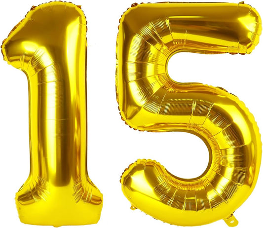 Gold Mylar Number 15 Balloon 40 inch, Number 15 Birthday Balloon for Boy Girl, Gold Foil 15 Balloon for 15 Birthday Party, Anniversary Celebration Number Balloons Decorations