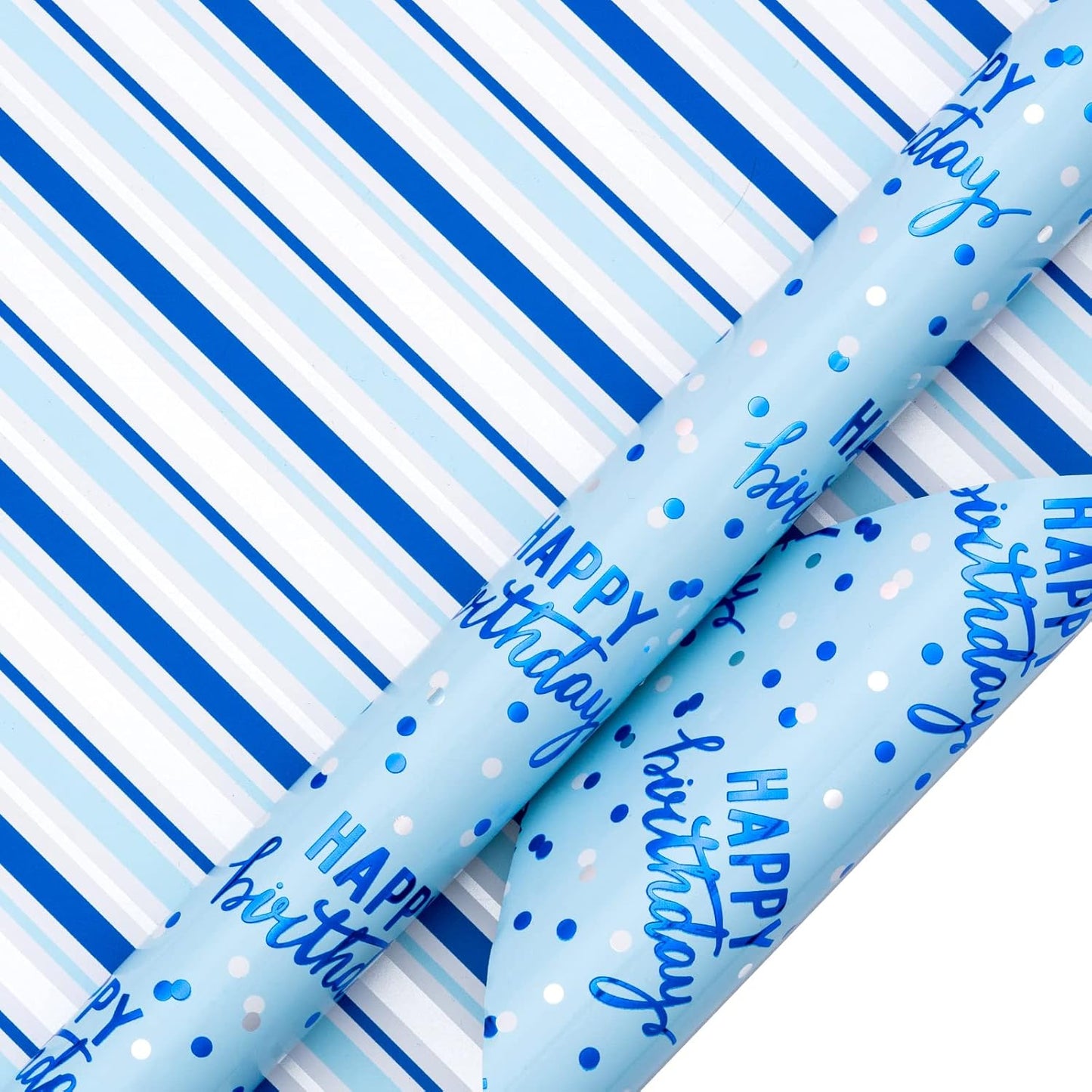 LeZakaa Reversible Blue Birthday Wrapping Paper Roll for Boys Men, Happy Birthday Lettering & Stripe Pattern with Metallic Foil in Blue, Mini Roll, 17 inches x 32.8 Feet (46.45 sq.ft.)