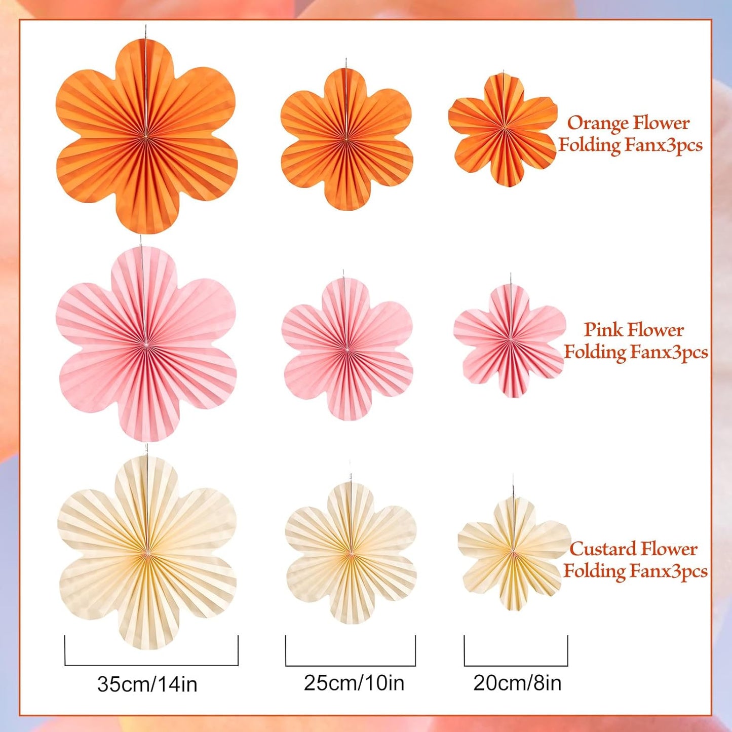 SUNBEAUTY Paper Flowers Decorations for Wall Paper Fans Classroom Decoration Paper Floral Backdrop Decor Paper Fans Decoration Hanging Paper Fans Orange Flower Wall Decor,Set of 9