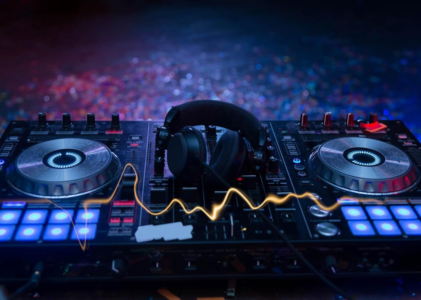 CORFOTO 15x10ft Fabric Dj Mixer with Headphones Backdrop Photography Dj Sound Equipment in Dark Background Musical Dance Disco Party Decorations Live Concert Stage Photoshoot Booth Studio Props