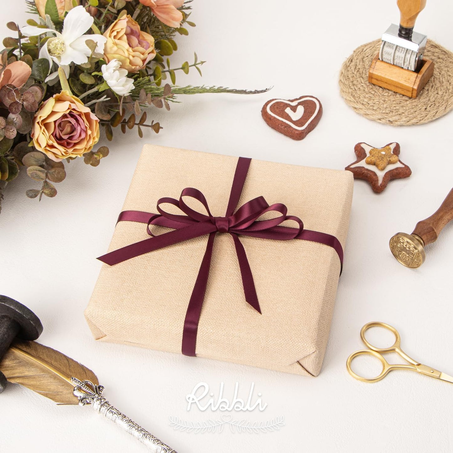 Ribbli Double Faced Burgundy Satin Ribbon,3/8” x Continuous 25 Yards,Use for Bows Bouquet,Gift Wrapping,Floral Arrangement