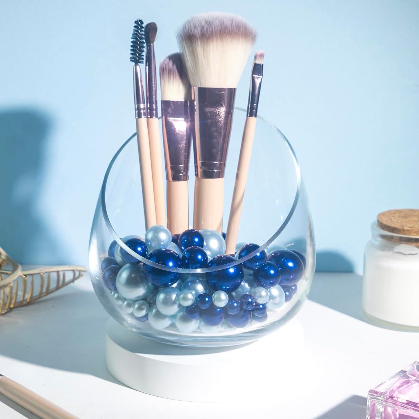 120 PCS 8/14/20mm No Hole Polish Pearl Beads for Centerpiece, Navy Blue & Light Blue Beads Decorative Vase Fillers, Plastics Pearls for Vases, Table Scatters, Wedding Party Decor