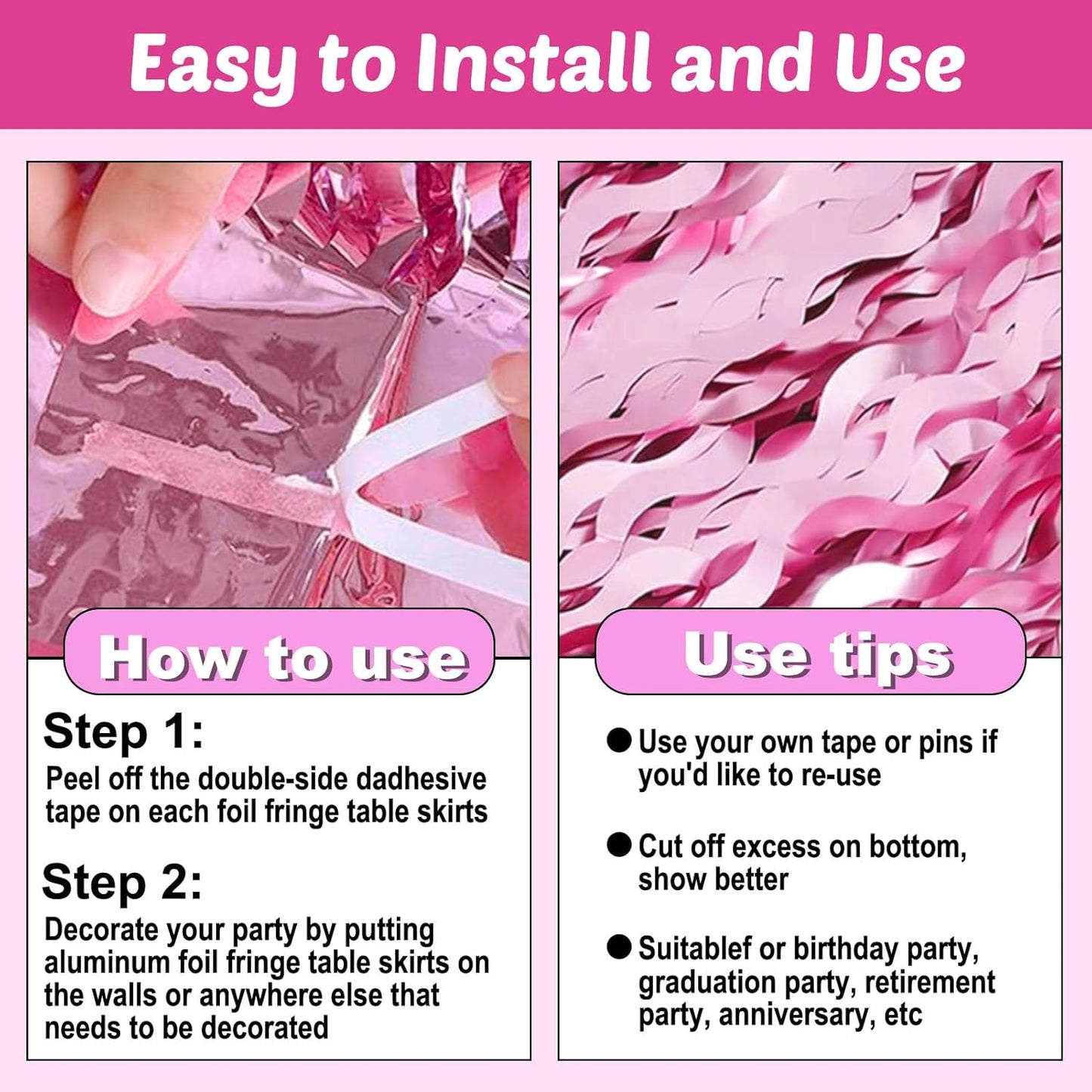 6 Pack 29x108 Inch Pink Wave Foil Fringe Table Skirts Metallic Banner for Tinsel Streamer Garland Backdrop for Parade Floats Wedding, Mother's Day, Birthday Mardi Gras Party Decorations