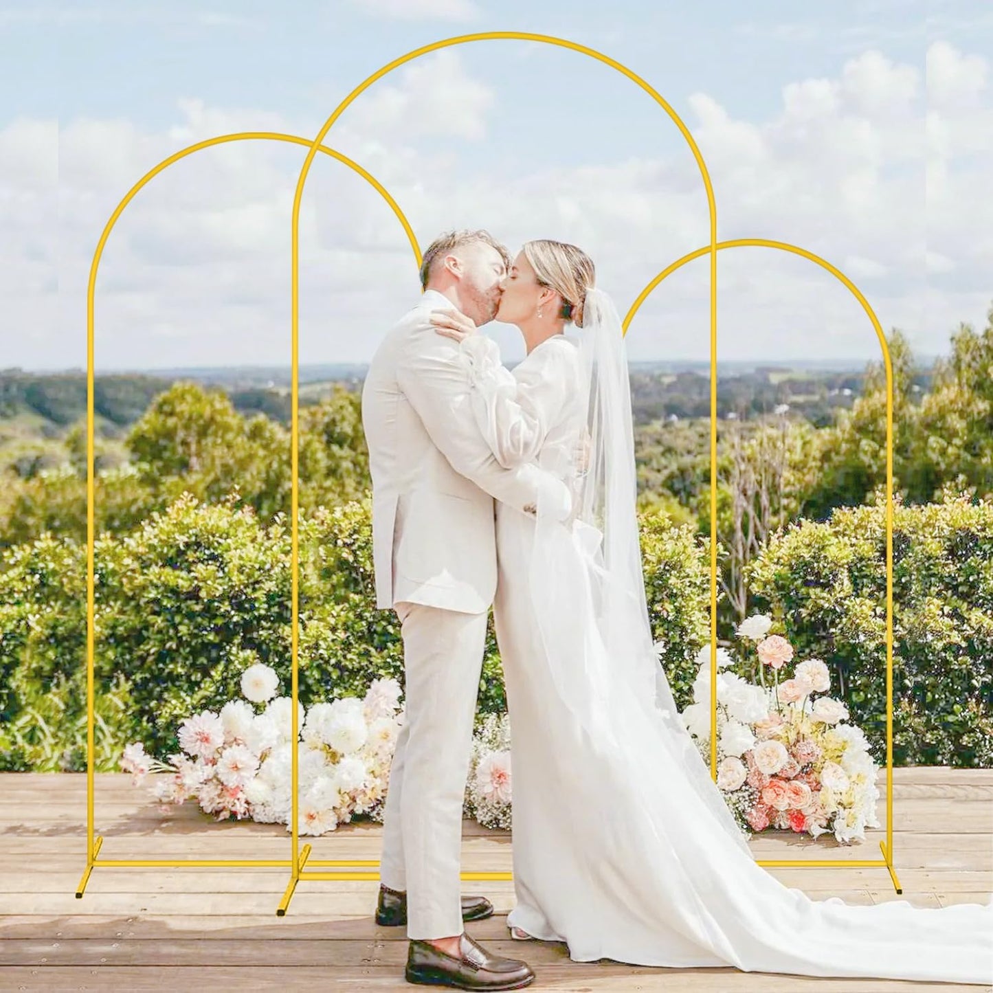 MODFUNS Arch Backdrop Stand and Cover Set of 3 Gold Wedding Arch Stand 6&6.6&7.2ft Beige Arches Cover Chiara Backdrop Stand for Party Birthday Banquet Wedding Arched Frame