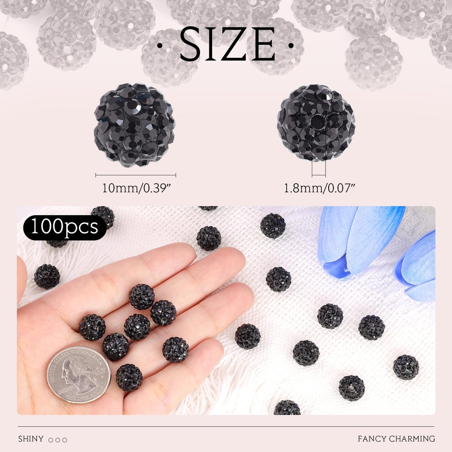 100 pcs 10mm Rhinestone Beads for Jewelry Making, Black Shiny Round Shamballa Disco Beads Bulk, Sparkle Crystal Clay Christmas for Bracelet Baseball Necklace Earring Crafting and DIY