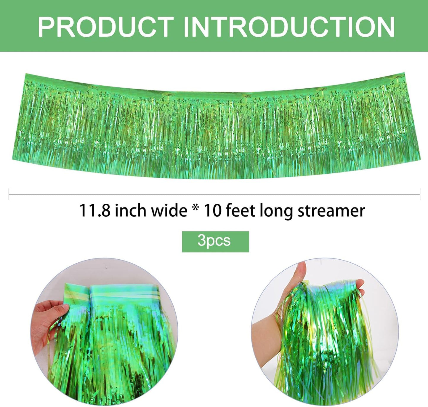 BEISHIDA 3 Packs Metallic Foil Fringe Garland Shining Green Wall Hanging Tinsel Fringe Banners for Car Floats Bridal Shower Wedding Birthday Easter Graduation Holiday Party Decoration(30 Feet)