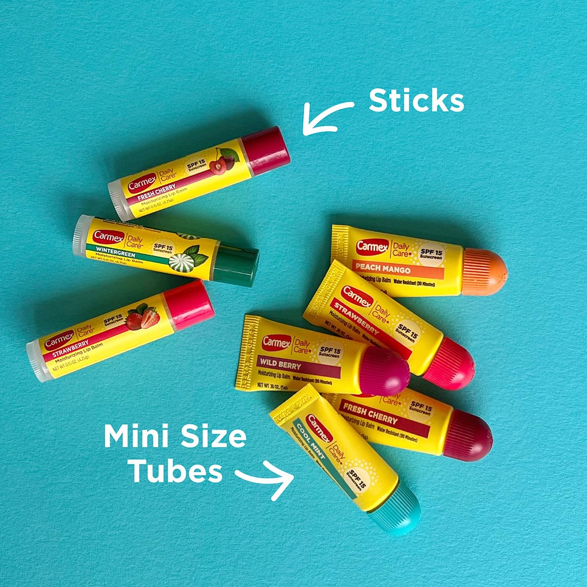 Carmex Daily Care and Daily Care Minis Moisturizing Lip Balm Pack, SPF 15, Multi-Flavor Lip Care Variety Pack Bag, 8 Count (3 Sticks, 5 Mini Tubes)