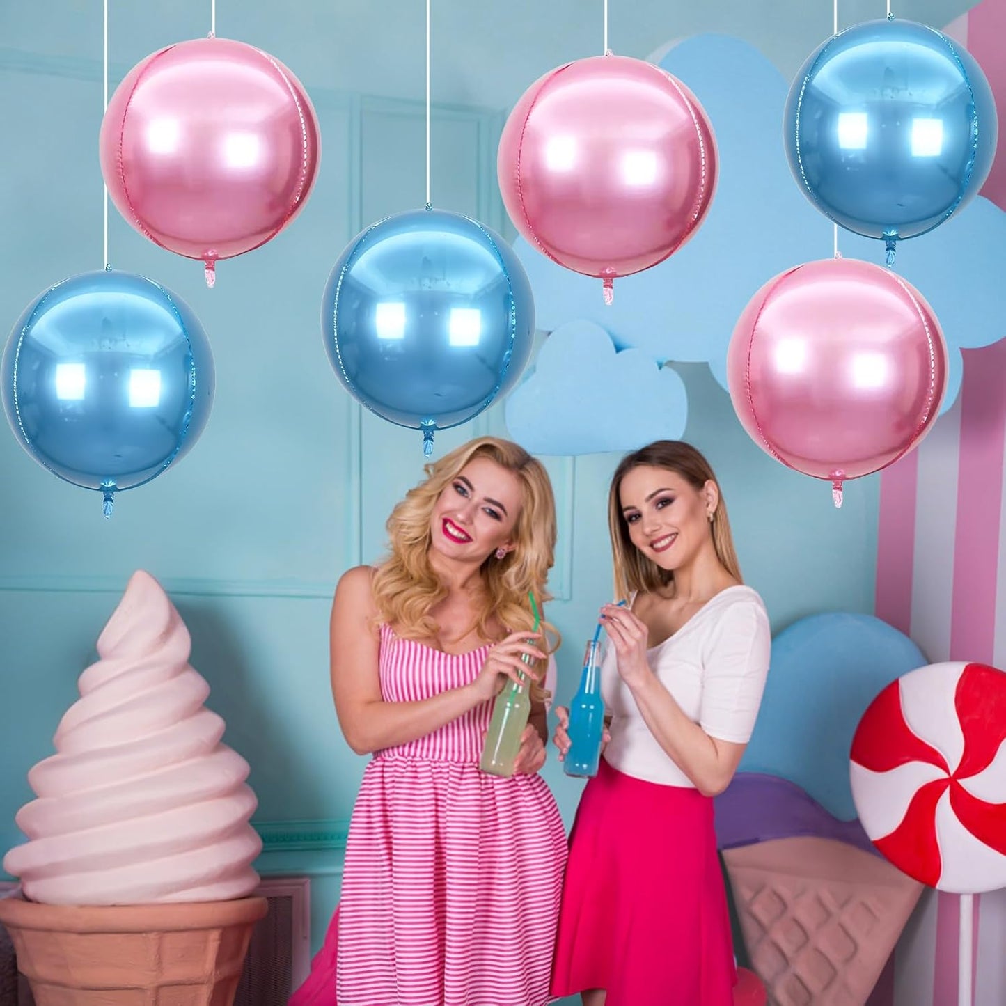 6Pcs blue Pink Round Foil Balloons,Giant 4D Round Ball Balloon,22 Inch Metallic blue Pink Balloons for Birthday Wedding Baby Shower Party Decorations