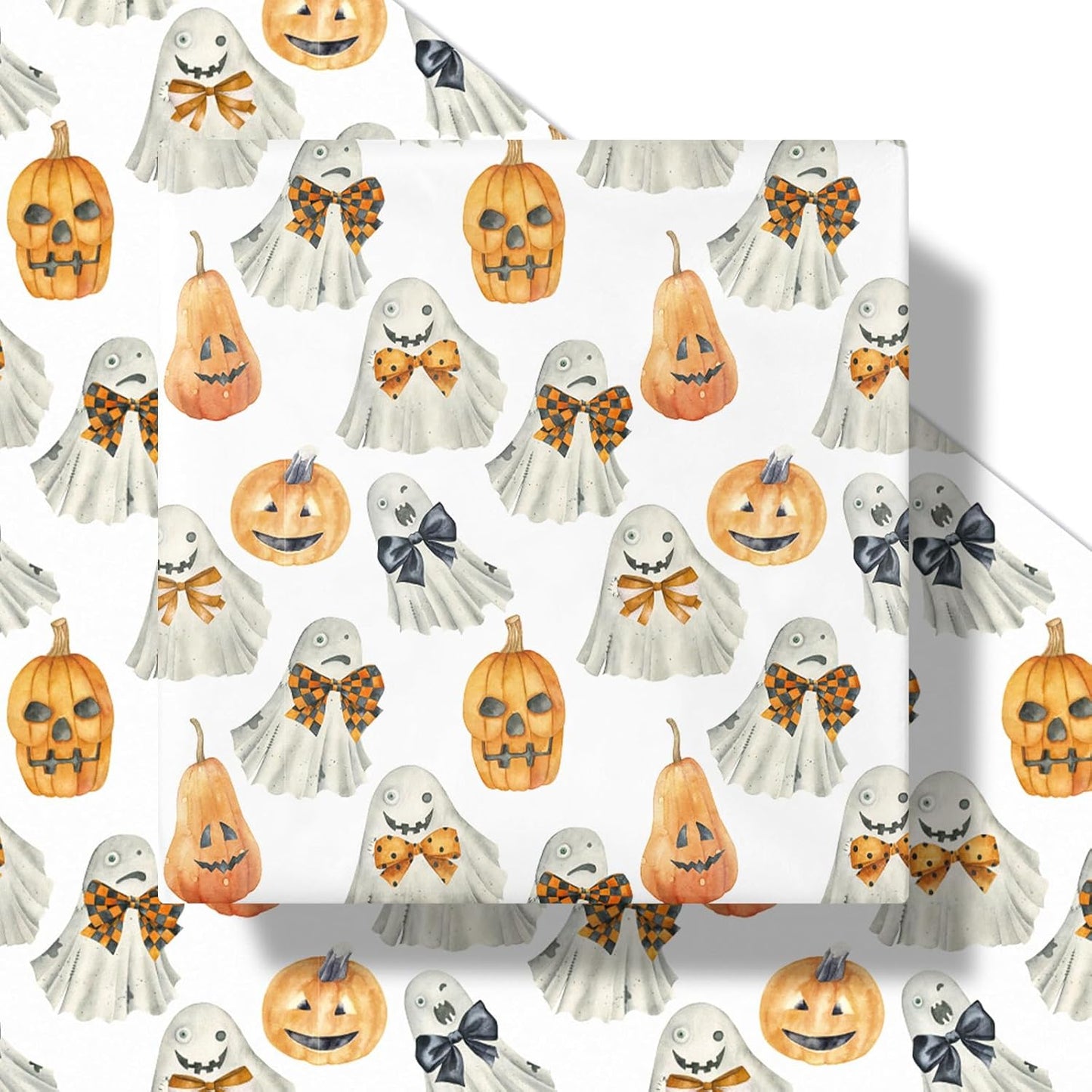LeZakaa Halloween Wrapping Paper Roll for Kids, Watercolor Ghosts Pumpkins with Bows Spooky Soft Vintage Design, for Trick-or-Treat Decor,Aesthetic Holiday Packaging, Mini Roll 17 in x 16.4 Ft