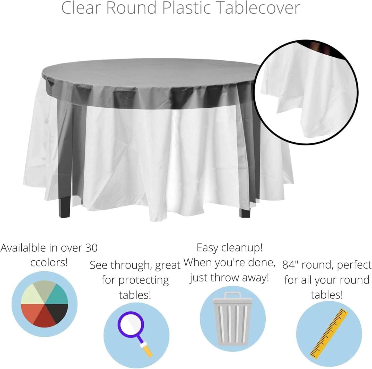 Party Solids Pack Of 12 Premium Plastic Tablecloth 84 Inch Round Table Cover - Clear