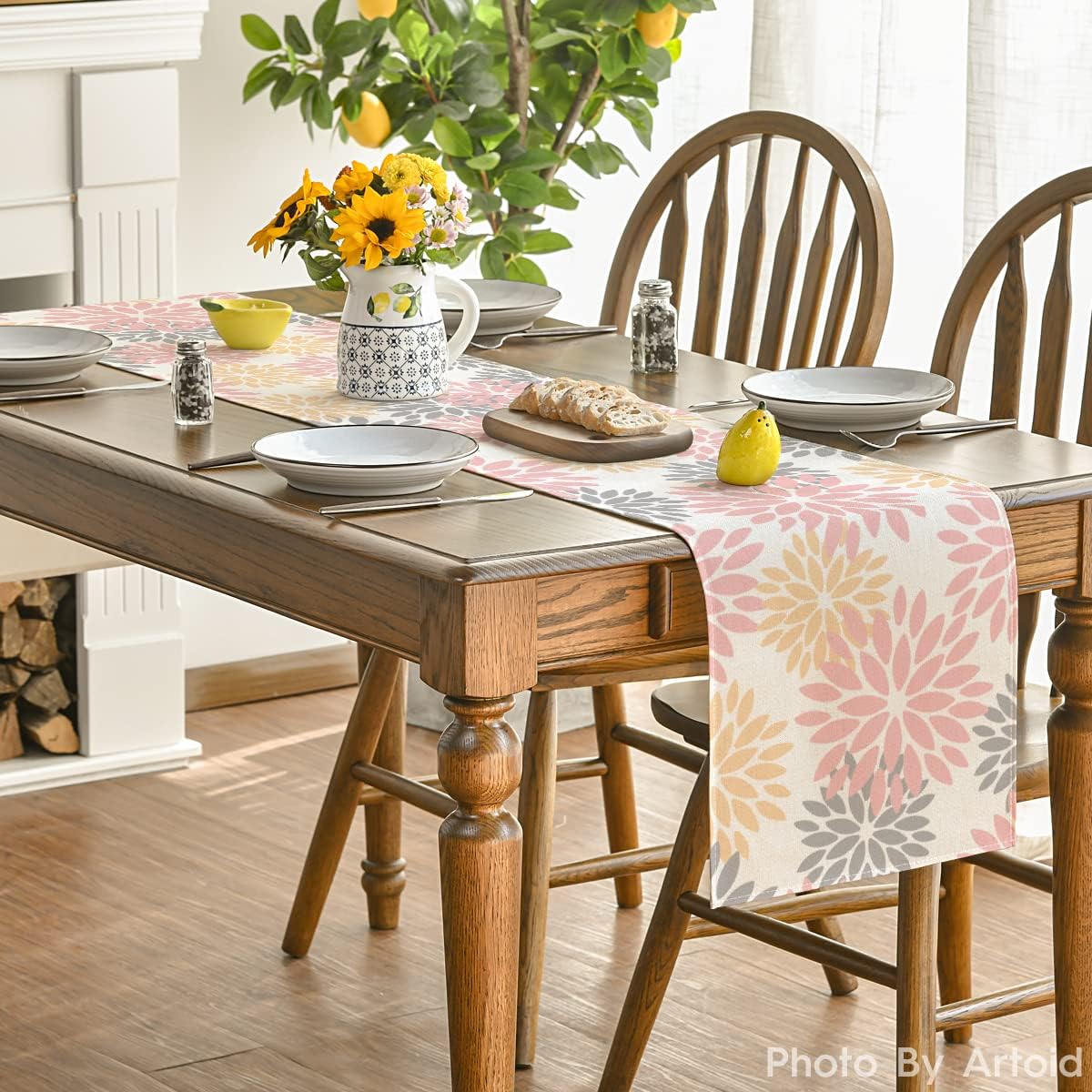 Artoid Mode Pink Dahlia Floral Pinnata Summer Table Runner, Spring Kitchen Dining Table Decoration for Home Party Decor 13x90 Inch