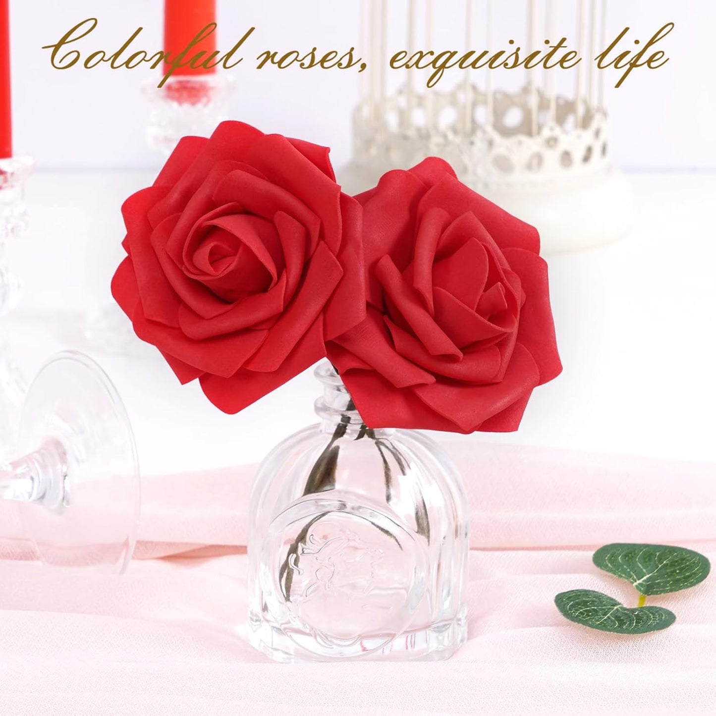 BLEUM CADE 16Pcs Artificial Flowers Fake Roses with Stems, Red Boxed Foam Roses for DIY Bouquets Centerpieces Wedding Party Arrangement Bridal Shower Decor