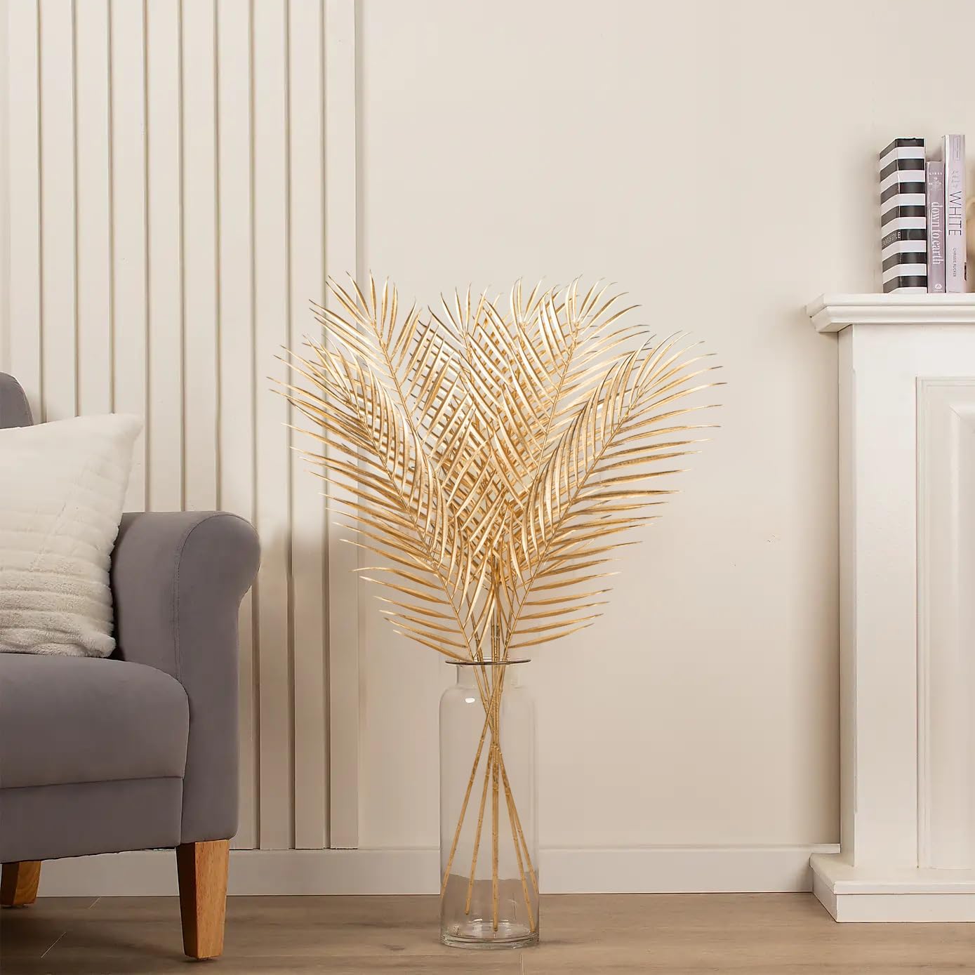 29” Large Gold Palm Leaves Palm Fronds Tropical Leaves Areca Palm Branches Artificial Palm Leaves with Stem Golden Palm Tree Leaves Faux Palm Leaves for Floral Arrangement Fake Gold Leaves 6Pcs