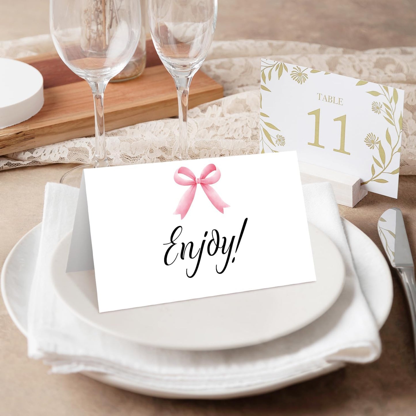 25 Pink Bow Place Cards for Table Seating, Watercolor Wedding Name Place Card, Tent Cards for Birthday Bridal Shower Baby Shower Reception Dinner Party Decorations -A23