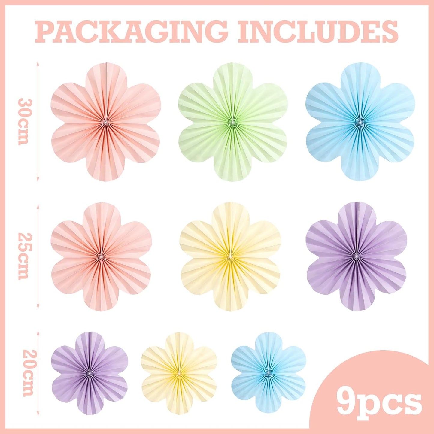 SUNBEAUTY 9 PCS Pastel Paper Flowers Decorations for Wall Paper Fans Classroom Decoration Paper Floral Backdrop Decor Paper Fans Decoration