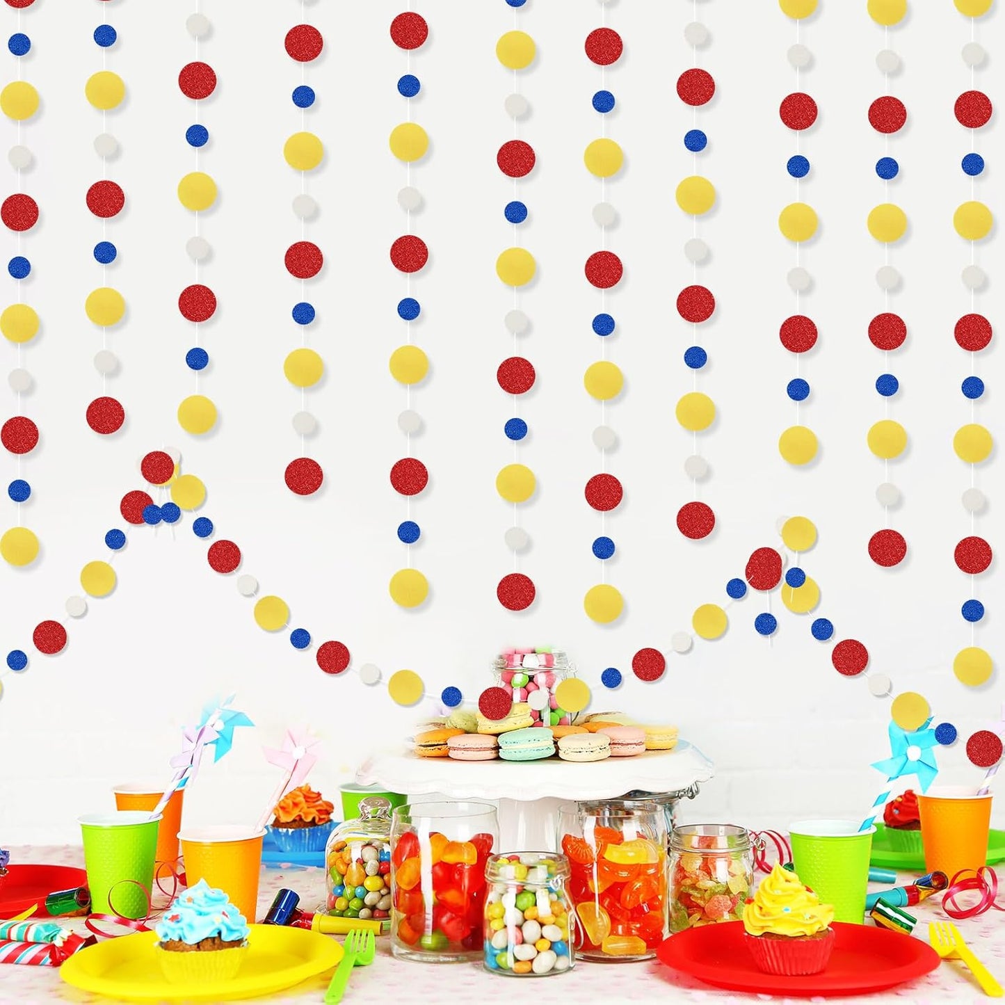 Outus 5 Pieces Colorful Dots Paper Garland Round Glitter Garland Hanging Confetti Streamers Backdrop for Candy Birthday Classroom Halloween Trunk or Treat Car Decoration (Red,Blue,Yellow)