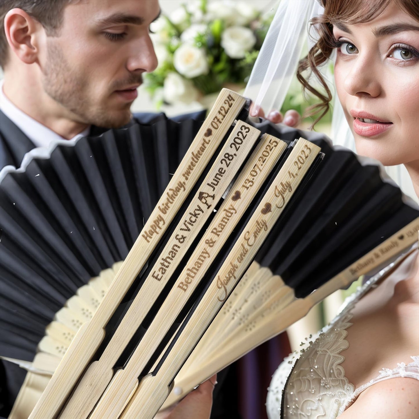 80Pcs Personalized Silk Fans Folding Hand Fan, Custom Wedding Bridal Party Favors, Summer Wedding Bride, Wedding Gift, Thank You Gift (Black)