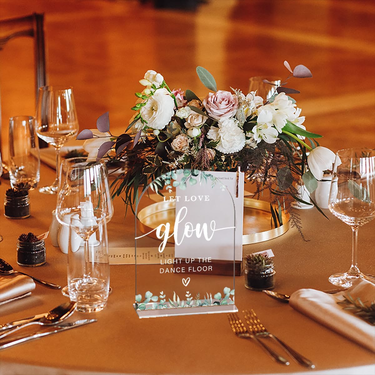 Acrylic Wedding Sign Let Love Glow Signs for Ceremony Modern Calligraphy Arch Acrylic Table Top Signs for Wedding Reception and Event Party Table Decor (Eucalyptus Leaves)