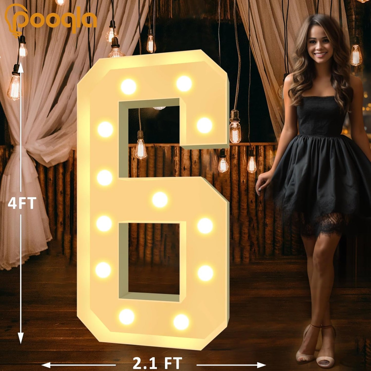 Pooqla 4 FT Light Up Marquee Numbers, Cool White and Warm White LED Large Lighted Marquee Numbers, Giant Mosaic Light Up Numbers for Balloons 6th 16th 60th Birthday Party Decoration, LED Number 6
