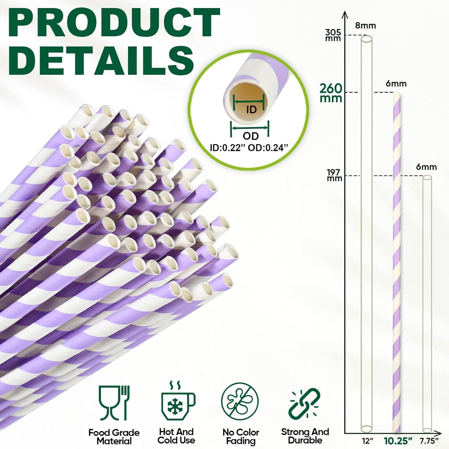 Compostable Paper Drinking Straws 10 Inch Long, for 20oz to 32oz Tumblers - Purple, Pack of 100