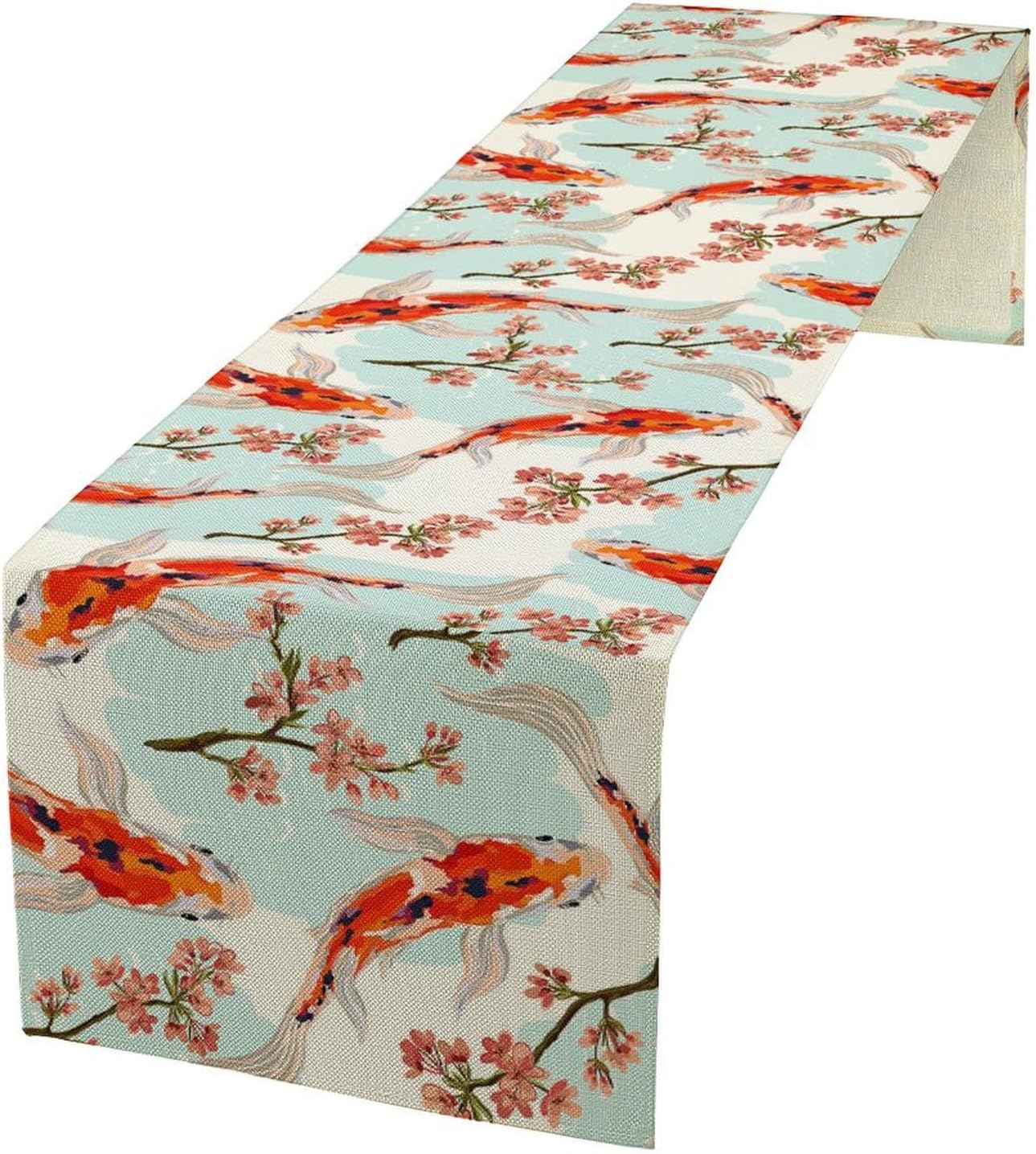 Japanese Kio Fish Table Runner Cherry Flower Art Printed Burlap Runner Home Kitchen Dining Table Living Room Decor Fabric 1 Panel W13xL60in