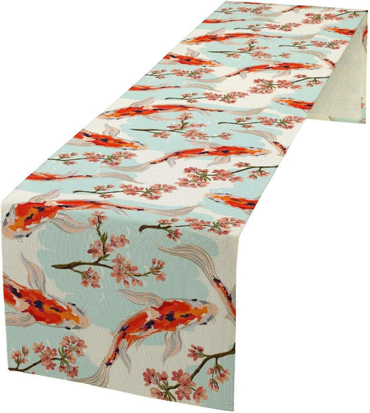 Japanese Kio Fish Table Runner Cherry Flower Art Printed Burlap Runner Home Kitchen Dining Table Living Room Decor Fabric 1 Panel W13xL90in