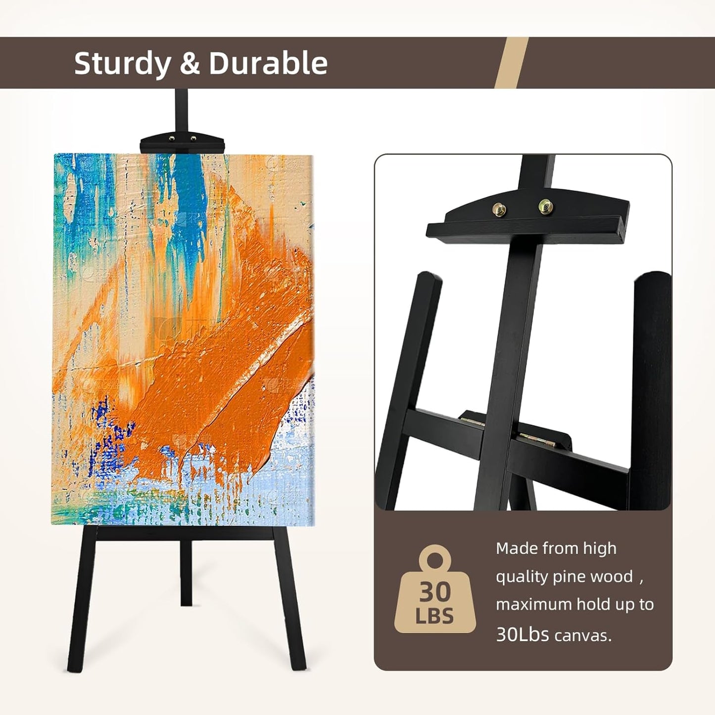 Adjustable Black Wooden Painting Easel, Pine Art Easel Stand Hold up to 43'', Painting Canvas for Wedding Sign and Poster, Drawing for Adults, Begginners and Students, Black