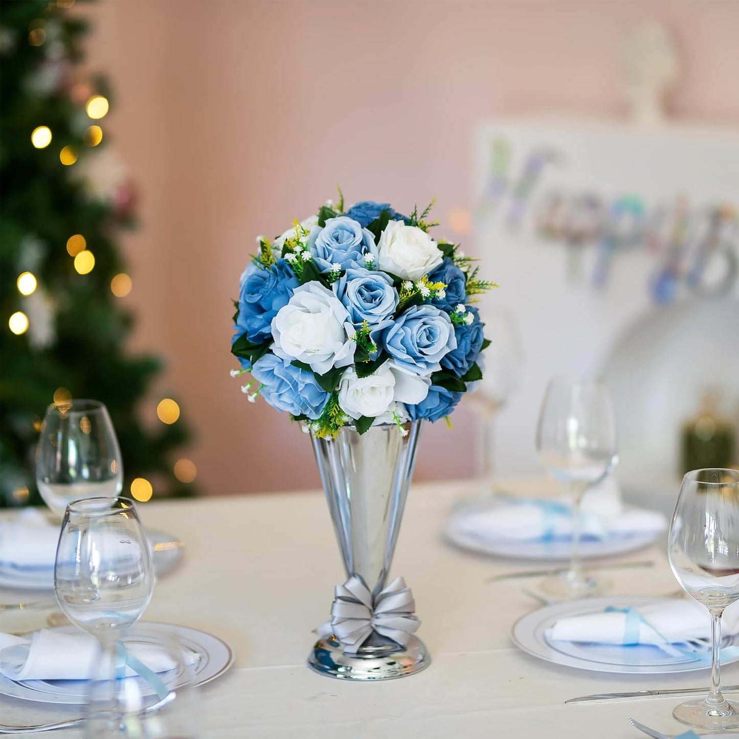 BLOSMON Flower Ball Centerpieces for Table 2 Pcs Fake Rose Centerpiece Flowers Dusty Blue Artificial Silk Floral Arrangement Center Piece Kissing Bouquet for Wedding Party Valentines Day Home Decor