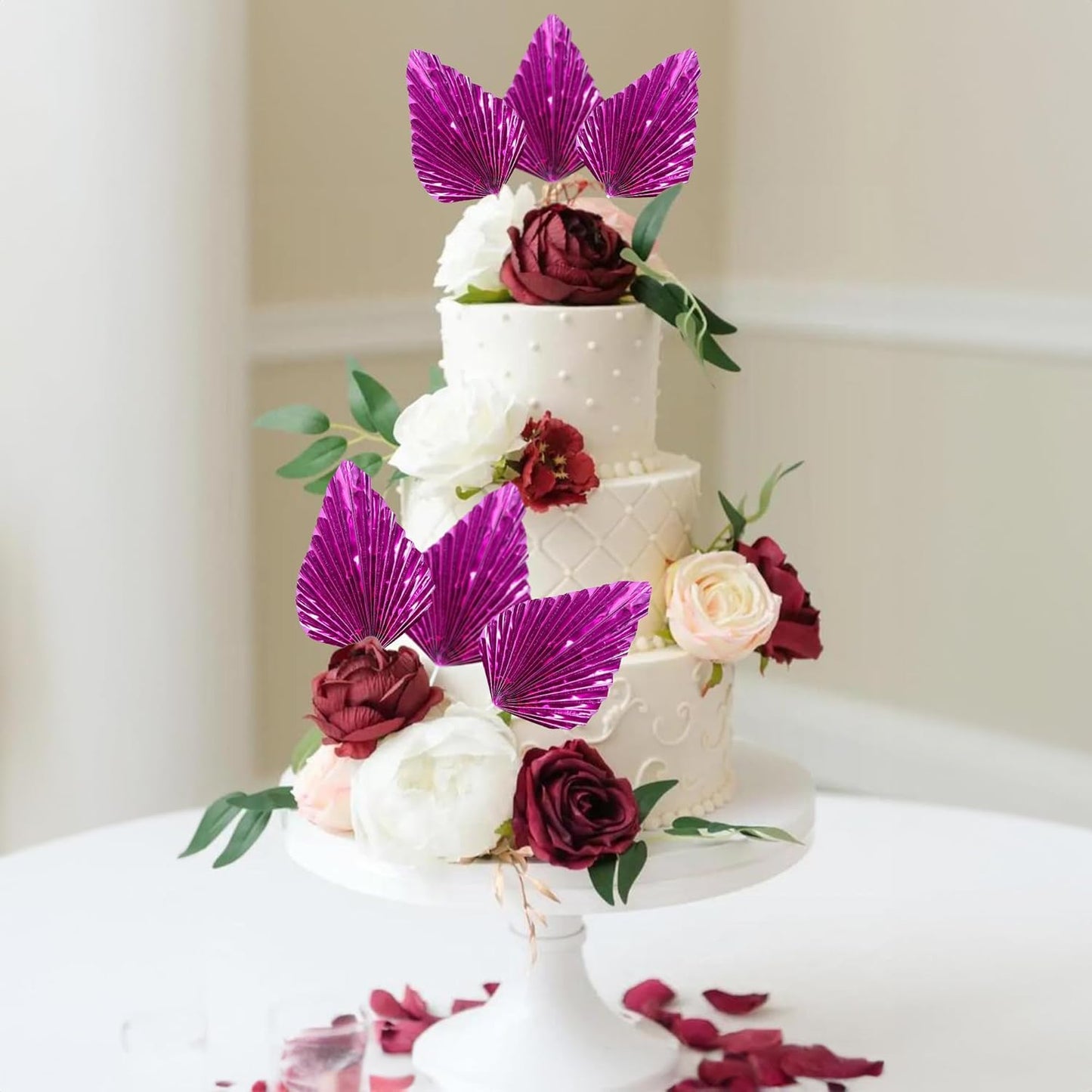 Ephlyn 6Pcs Paper Palm Leaves Fan Cake Toppers Palm Leaf Fan Cake Picks Craft DIY Fan Cupcake Toppers Palm Spear Leaves Cake Decorations for Baby Shower Wedding Birthday Party Supplies Bright Rose Red