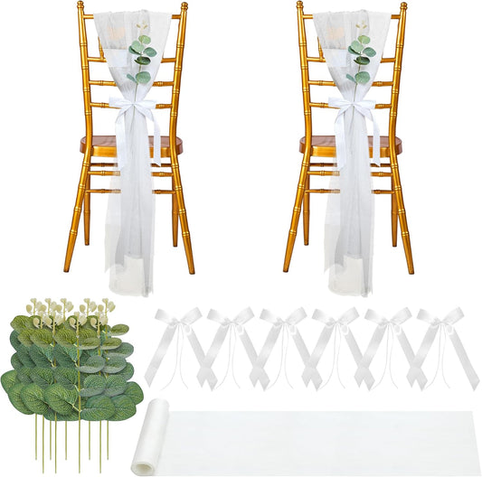 26 Sets of Wedding Aisle Decorations, White Tulle Chair Sashes with Bow Ribbons and Artificial Eucalyptus Stems for Church Pews, Wedding Ceremony Chair Decor