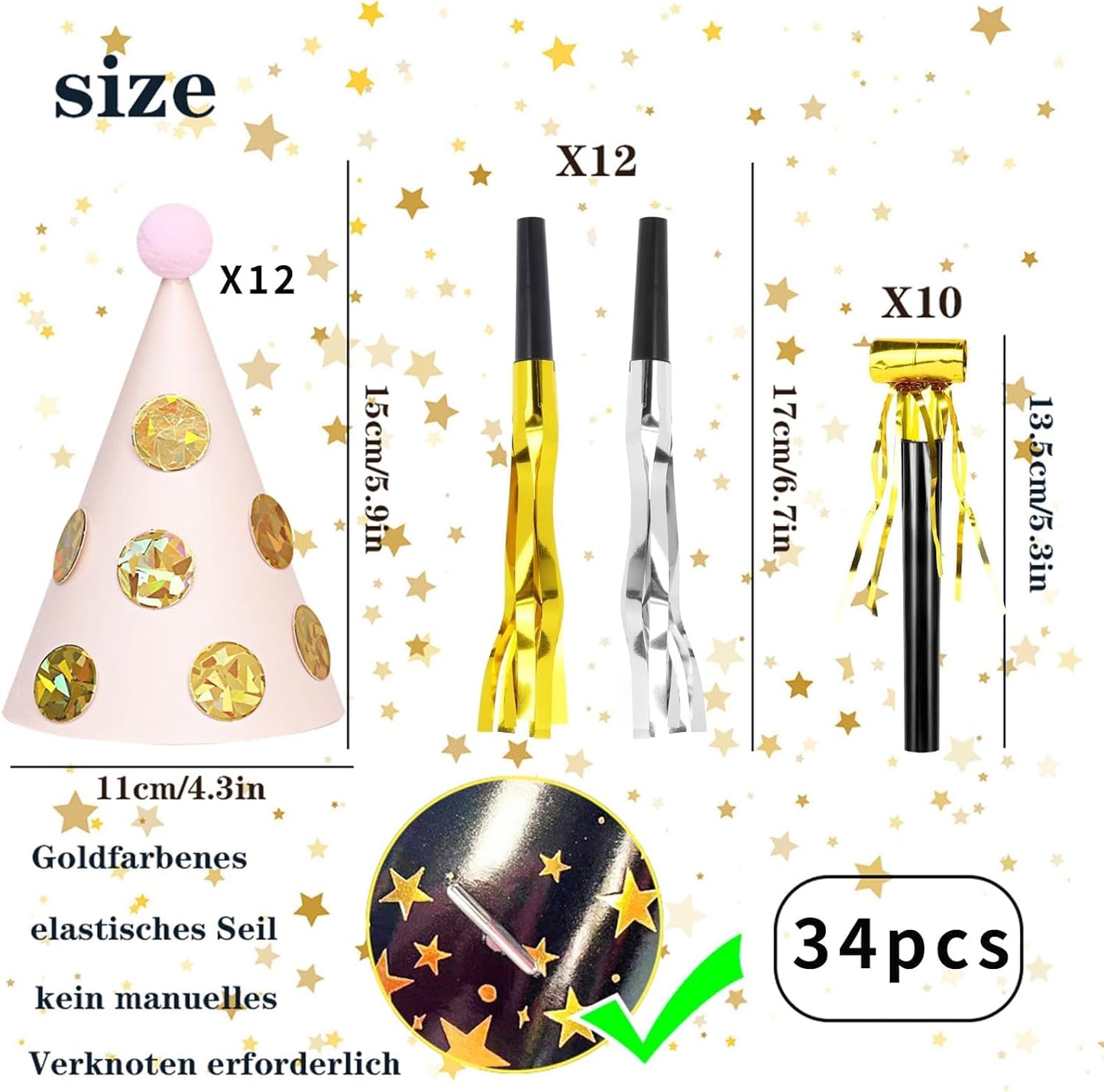 34 Pcs Birthday Party Hats - Gold Cone Hats Including 12 Paper Hats and 22 Noise Makers