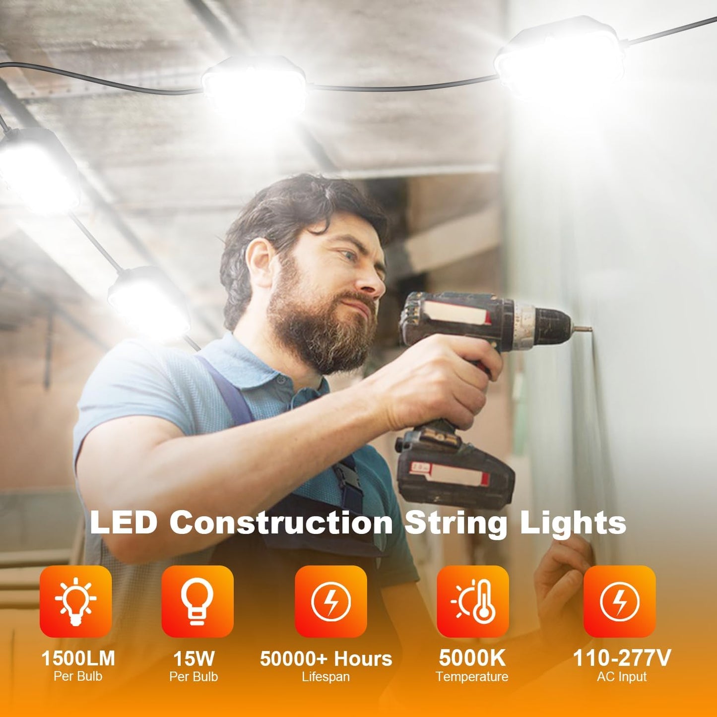 100FT LED Construction String Lights, 150W Super Bright 15000LM Plug in Linkable String Work Lights, 5000K Waterproof IP67 Temporary Lighting for Construction Sites, Jobsites, Indoor & Outdoor