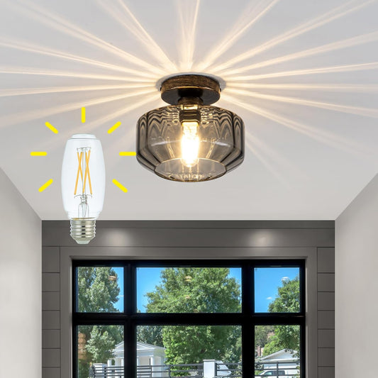 Smoked Glass Flush Mount Ceiling Light with 1200LM LED - Black Champagne Gold 8.66" Damp Rated Fixture for Bathroom Kitchen Hallway Modern Lighting