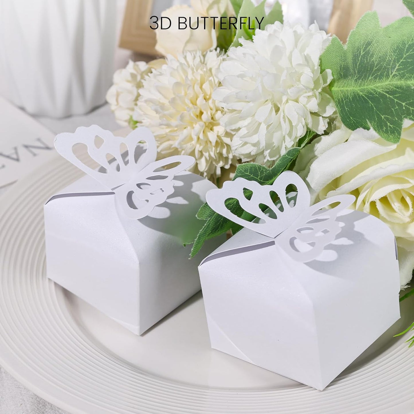 VGOODALL 50PCS Party Favor Boxes, 2.4" x 2.4" x 1.8" 3D Butterfly Candy Boxes White Baby Shower Favors for Wedding Birthday Party Gift