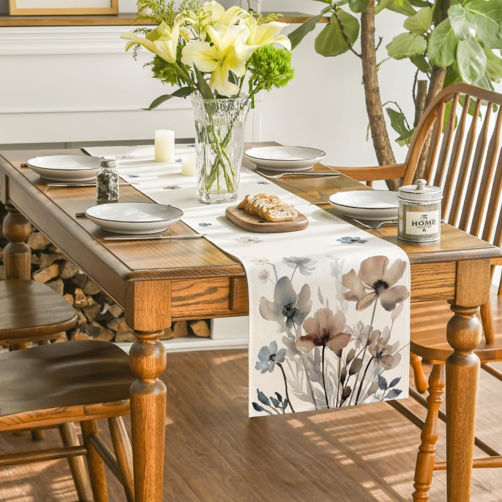 Artoid Mode Brown Poppy Floral Leaves Spring Table Runner, Seasonal Summer Kitchen Dining Table Decoration for Home Party Decor 13x90 Inch