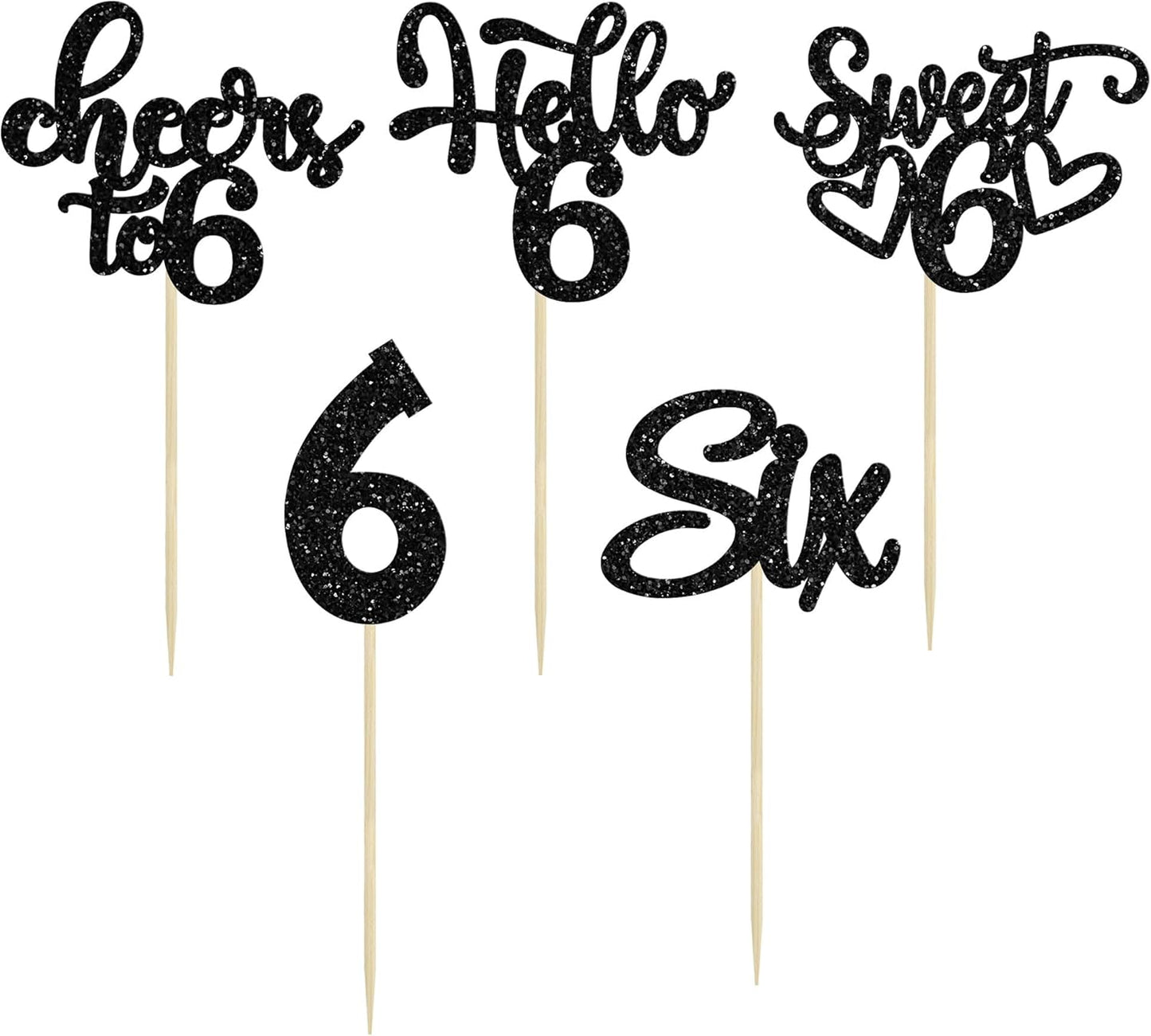 30Pcs 6th Birthday Cupcake Toppers Glitter Six Hello 6 Cupcake Picks Cheers to 6 Years Old Cake Decorations for 6th Birthday Party Supplies Black