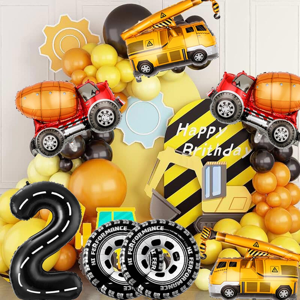 2nd Birthday Decorations for Boys Construction Balloons 40inch Number 2 Balloons Truck Foil Balloon for Construction Birthday Party Decorations Supplies