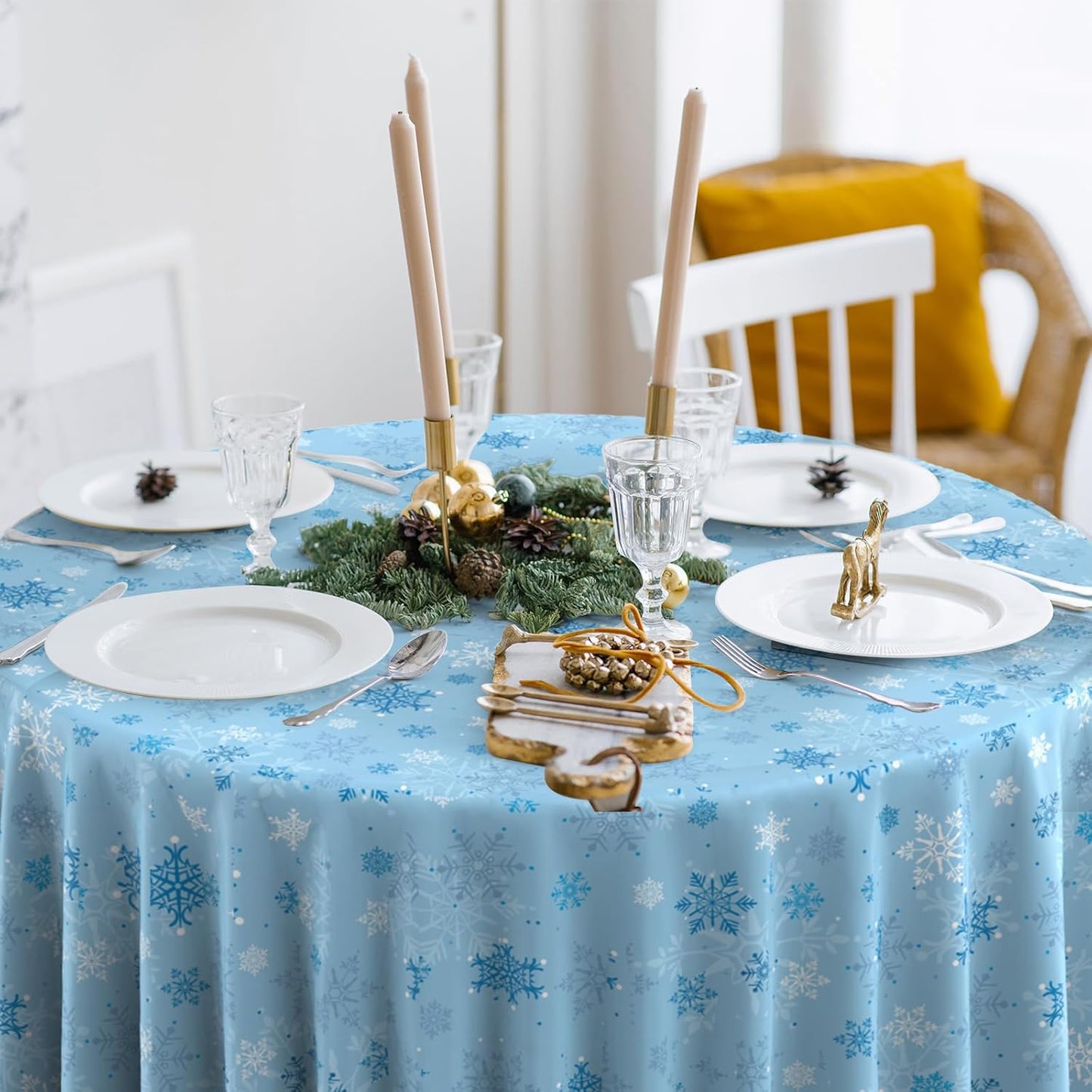 6Pcs Christmas Snowflake Plastic Party Tablecloth Decorations,Disposable Light Blue Snowflake Xmas Round Table Cover Backdrop for Winter Onederland Christmas Holiday Party Supplies,84 inch(Light Blue)