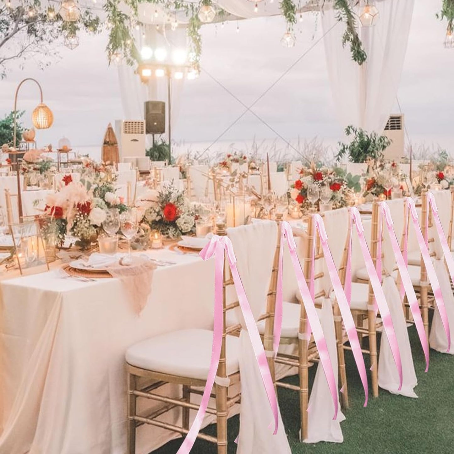 24 Pcs Large Wedding Pink Ribbon Bows for Wedding Chairs Decorative Ribbon Sashes for Pew Back Elegant Ceremony Ribbons for Bridal Shower Banquet Marriage Ceremony