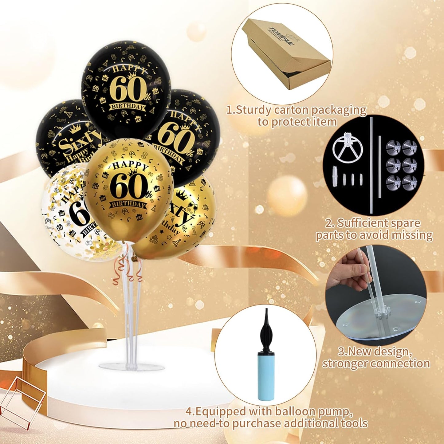TONIFUL 4 Set Black Gold Balloon Stand Kit for Birthday Decorations for 60th,Balloon Centerpieces for Table Party Decorations Cheers to 60 Years Old Birthday for Men and Women