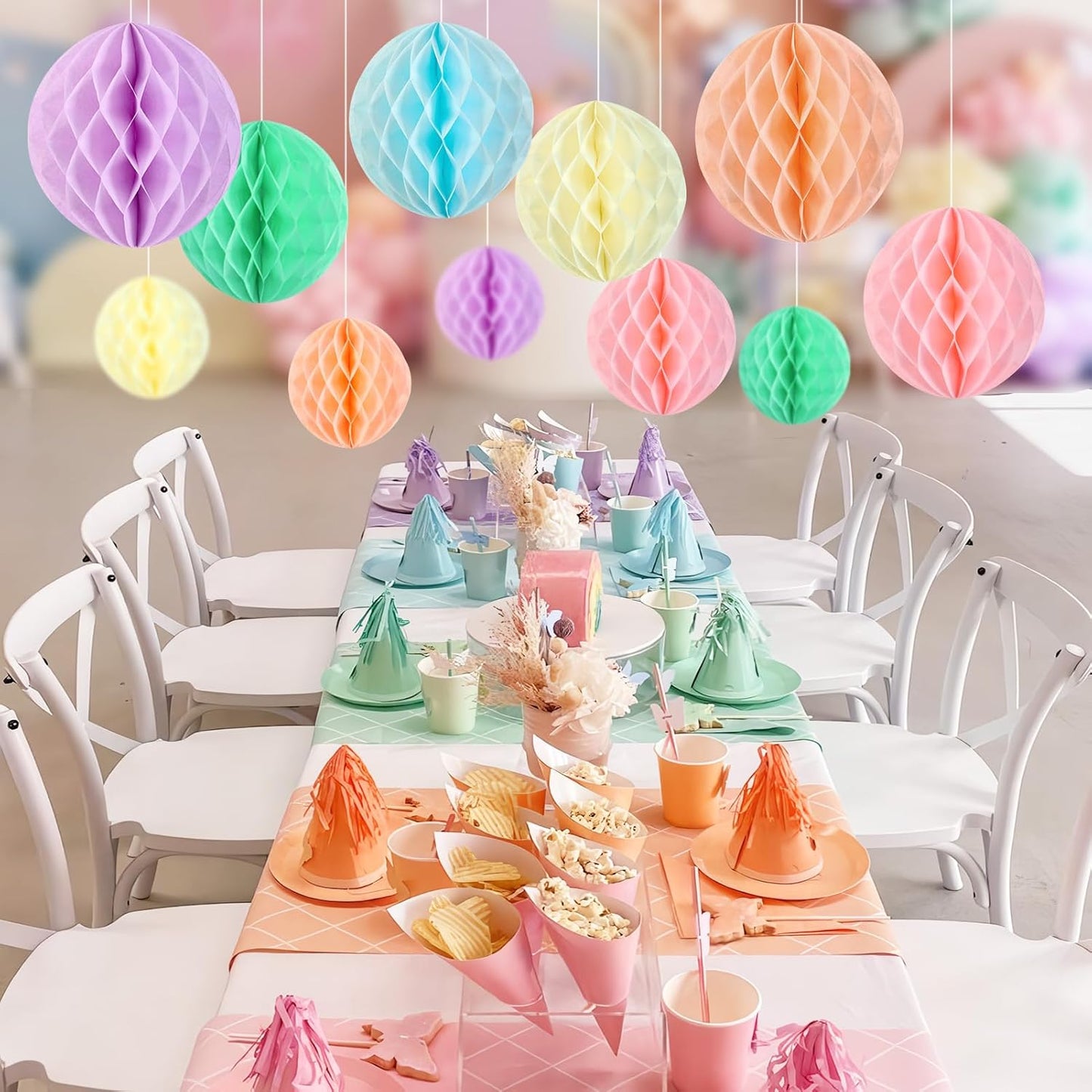 Hanging Honeycomb Decorations, Pastel Party Decorations, Rainbow Honeycomb Balls Decorations for Macaron Birthday Baby Shower Spring Decor, Set of 16 ﻿