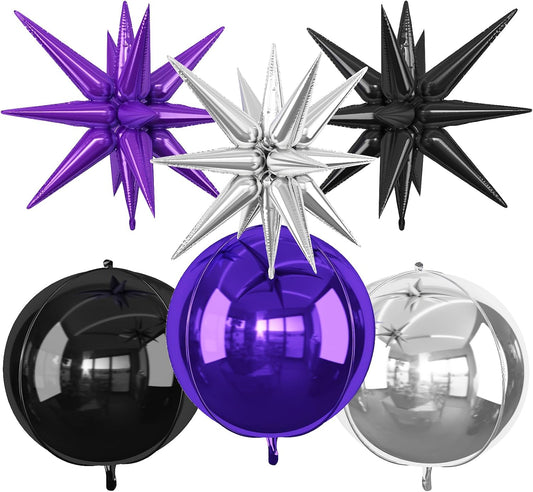 6Pcs Black Purple Silver Foil Balloons,22Inch Purple Black Silver 4D Round Ball Balloon and Explosion Star Balloon for Birthday Halloween Wedding Baby Shower Anniversary Party Decorations