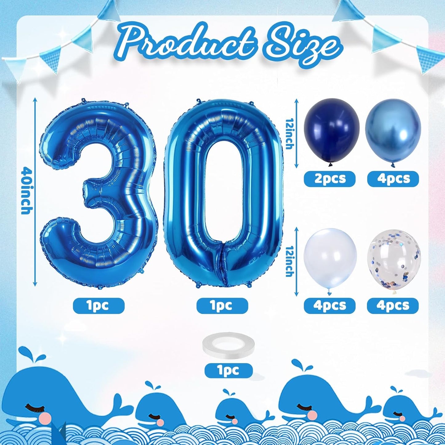 Number 30 Balloon Pastel Blue for Kids, XXL 30th Birthday Decor Foil Balloon Dark Navy Blue with Silver Confetti Helium Balloon, 40 Inch Balloon 30 for Women Birthday Party Men Anniversary Decorations