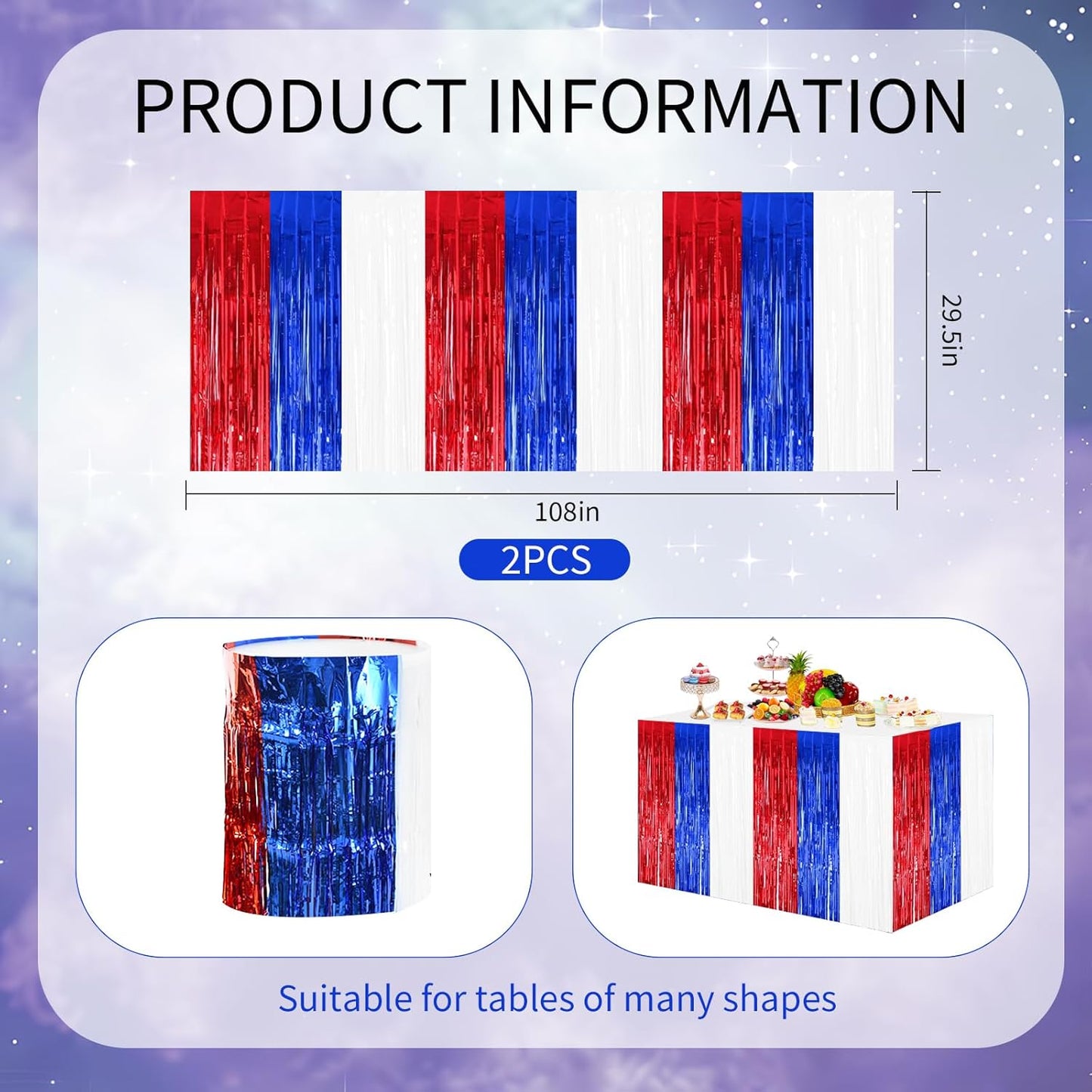 BEISHIDA 2 Pack Metallic Tinsel Foil Fringe Table Skirts for Rectangle & Round Tables Red, Blue, White Kids' Birthday, Holiday Cartoon Party Decorations Birthday, July 4th, Baby Shower, Festive Events