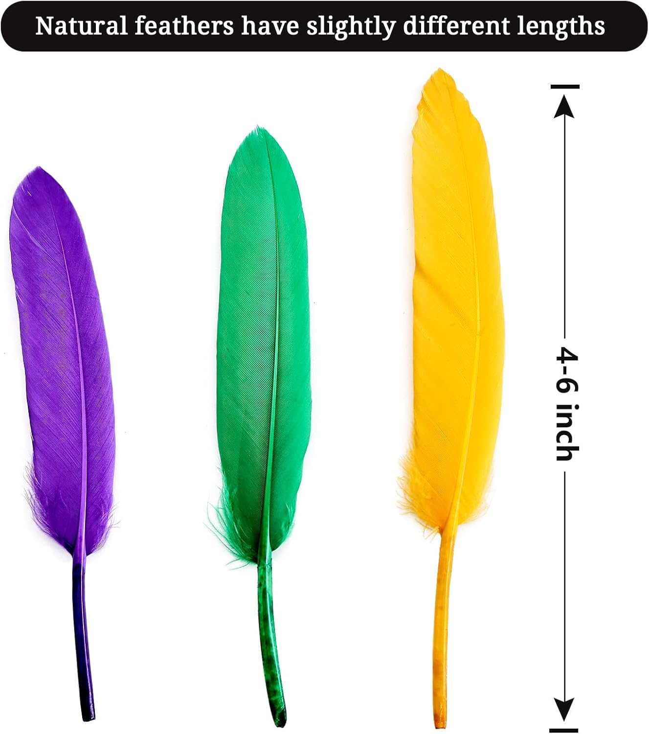 FeelfunFeather 120pcs Mardi Gras Goose Cochettes Feather 4-6 inch Decorative Colorful Purple Golden Yellow Green Feathers Bulk for DIY Crafts Masquerade Carnival Party Decoration