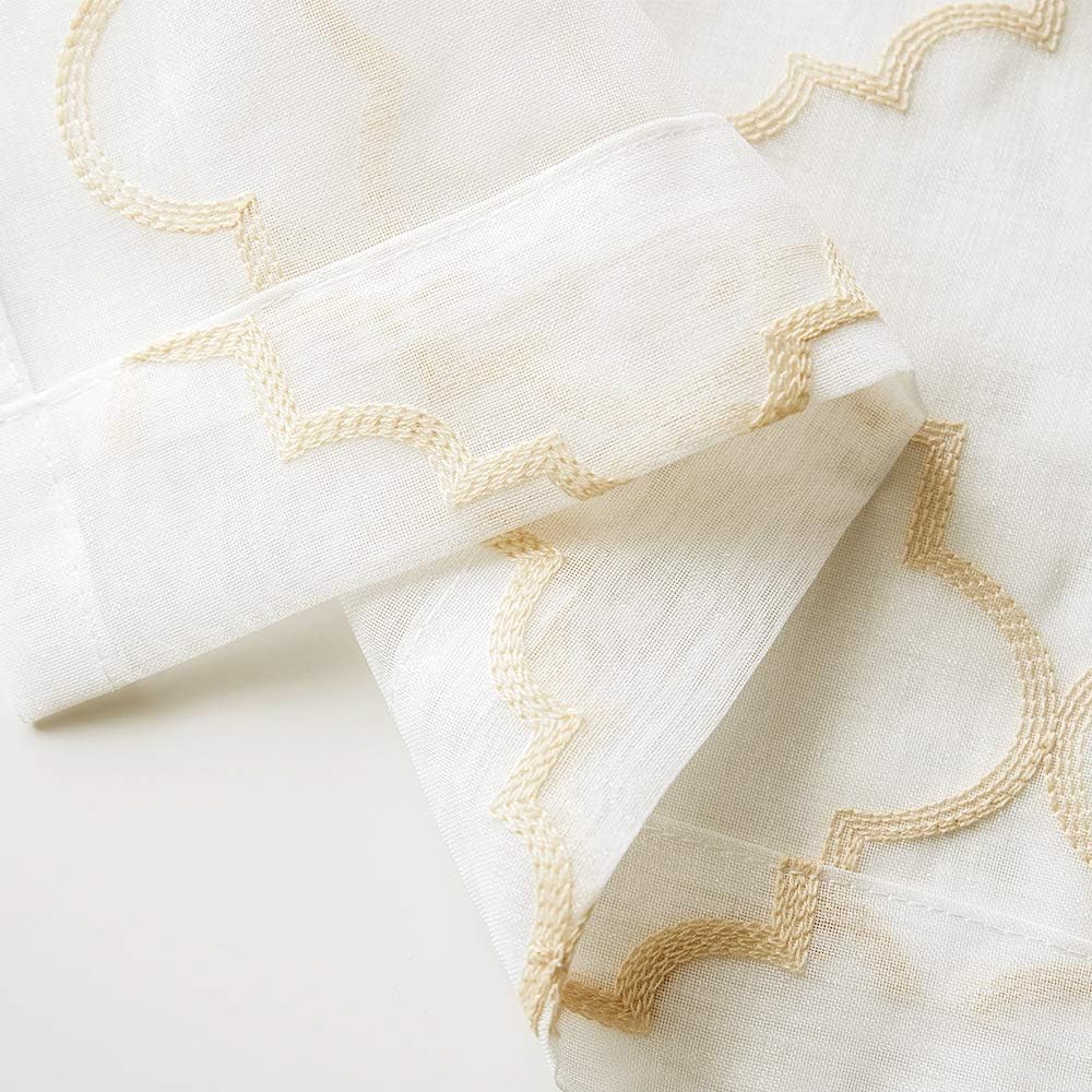 Embroidery Sheer Curtains Gold 45 Inch Length, Rod Pocket Voile Drapes for Living room, Bedroom, Embroidered Moroccan Tile Lattice Design Window Semi Curtains for Patio, Yard, 2 Panels, 52"x 45".