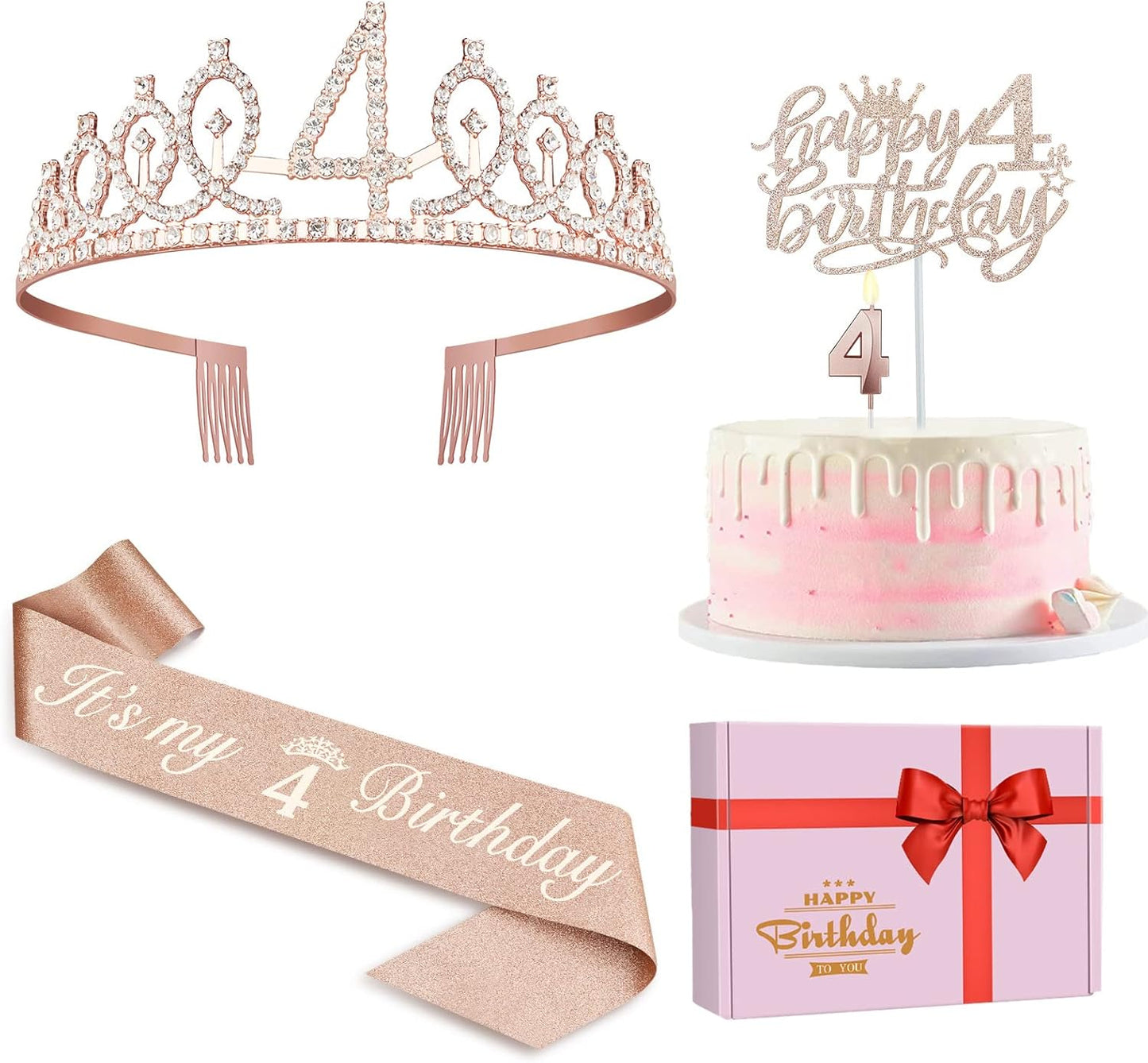 4th Birthday Decorations for Girl Including Sash, Crown, Numeral Candle and Cake Topper, 4 Year Old Girls Party Favor Supplies