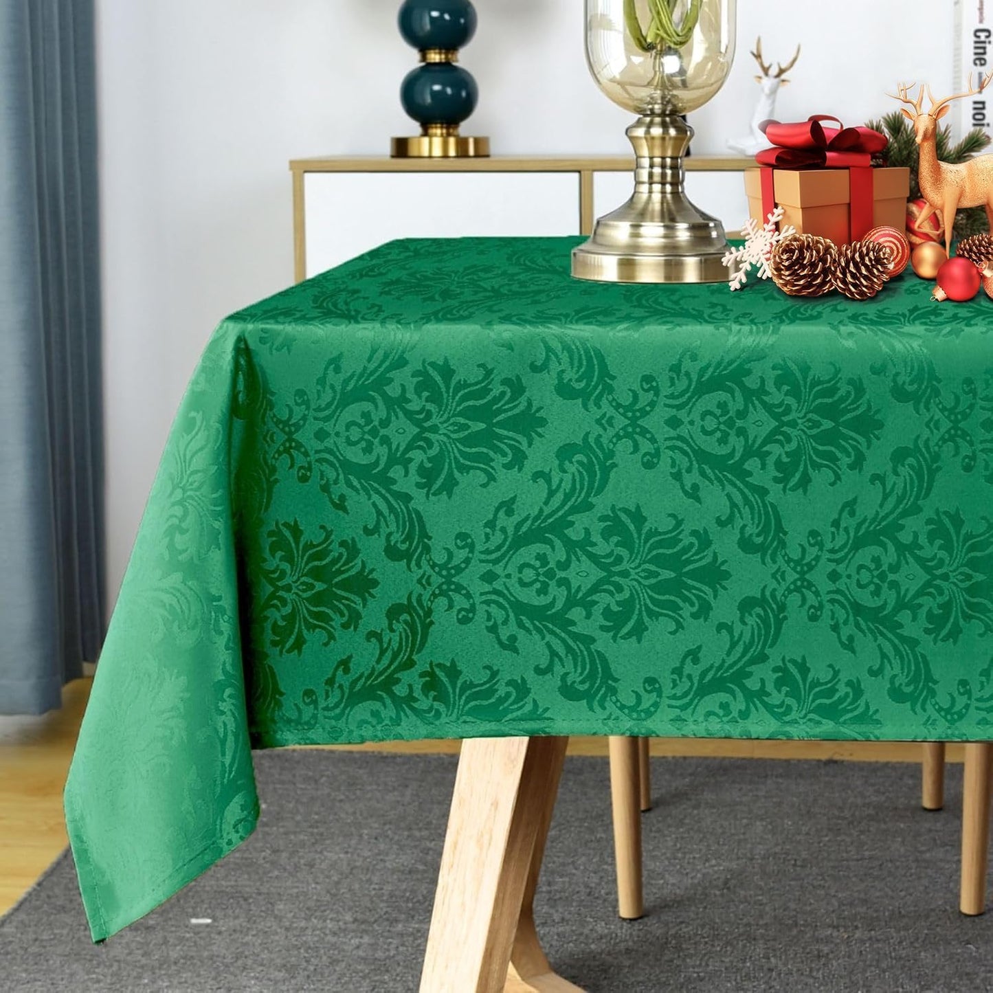 Christmas Green Square Jacquard Tablecloth, Damask Table Cloth, Spill Proof Wrinkle Resistant Tablecloths, Soft Polyester Oblong Table Cover for Holiday,Winter,Kitchen,Parties (Green, 52X52")